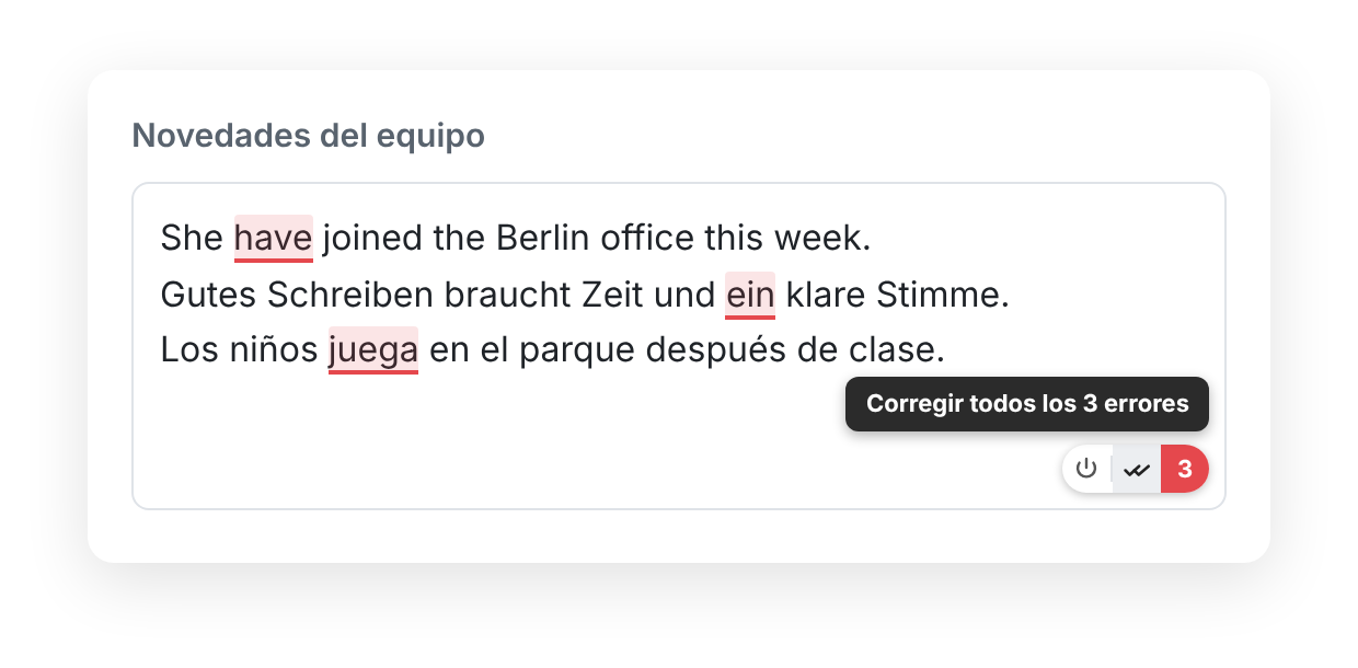 Un cuadro de texto con una frase en inglés, otra en alemán y otra en español, cada una con un error subrayado, y un botón que dice «Corregir todos los 3 errores».