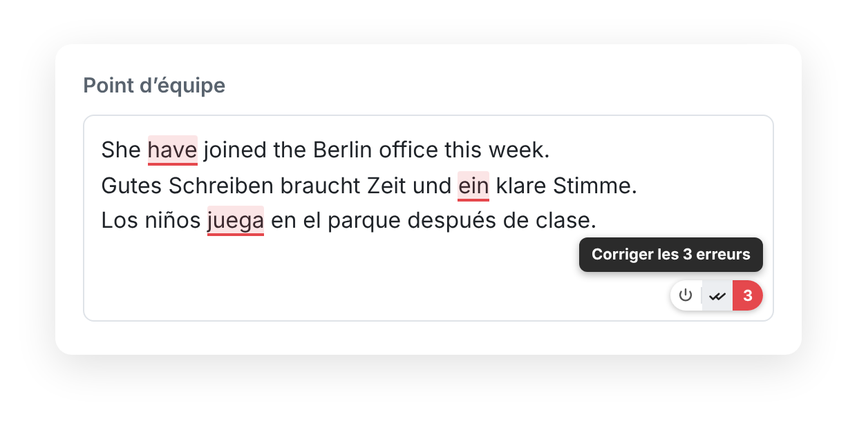 Une zone de texte contenant une phrase en anglais, une en allemand et une en espagnol, chacune avec une faute soulignée, et un bouton « Corriger les 3 erreurs ».