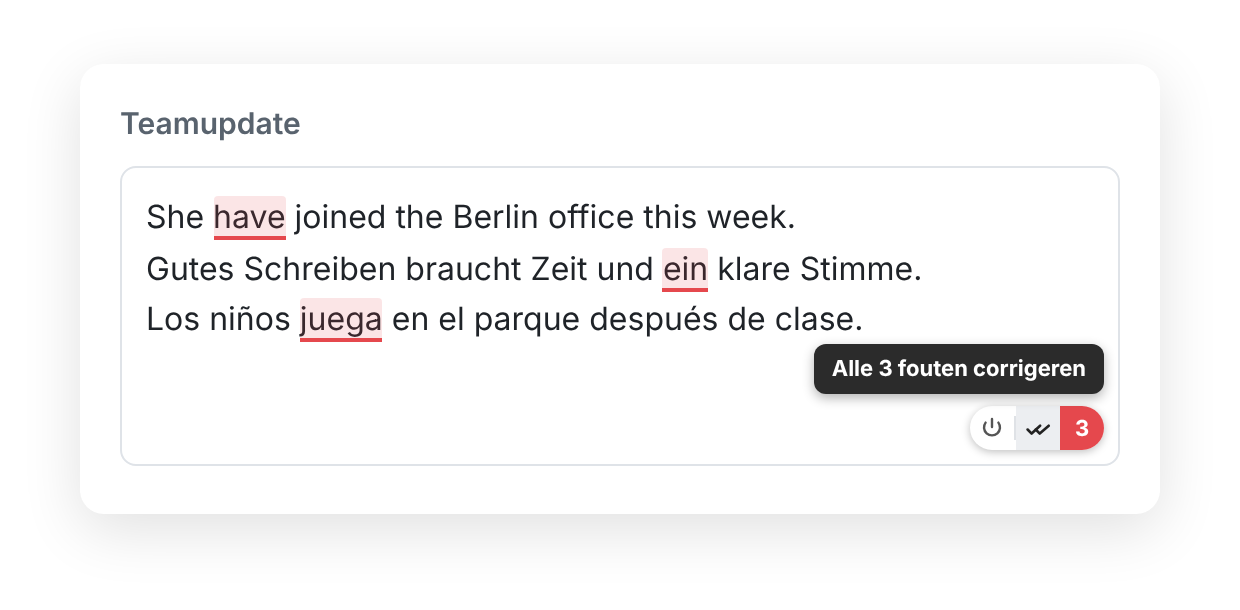 Een tekstvak met een zin in het Engels, een in het Duits en een in het Spaans, in elke zin één onderstreepte fout, en een knop met de tekst ‘Alle 3 fouten corrigeren’.