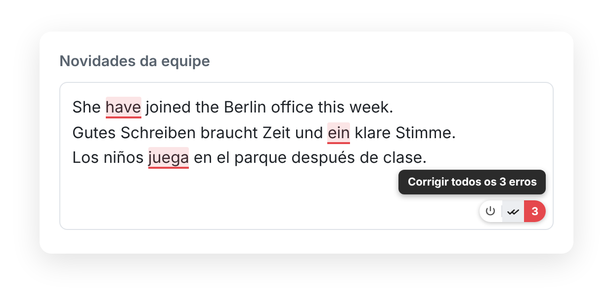 Uma caixa de texto com uma frase em inglês, uma em alemão e uma em espanhol, cada uma com um erro sublinhado, e um botão com o texto “Corrigir todos os 3 erros”.