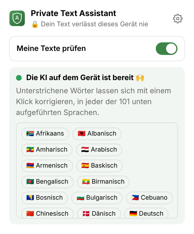 Das Menü der Erweiterung: ein Schalter für die Prüfung, „Die KI auf dem Gerät ist bereit“ und die Liste der Sprachen.