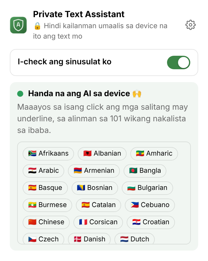 Ang menu ng extension: isang switch para sa pagsuri, “Handa na ang AI sa device”, at ang listahan ng mga wika.