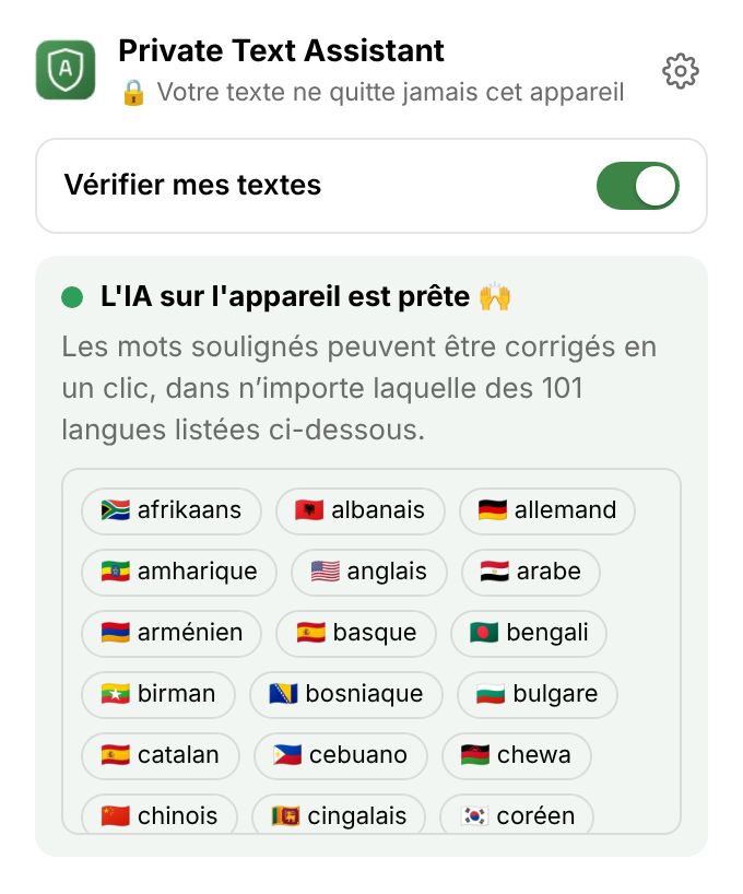 Le menu de l’extension : un interrupteur pour activer la vérification, « L’IA sur l’appareil est prête » et la liste des langues.