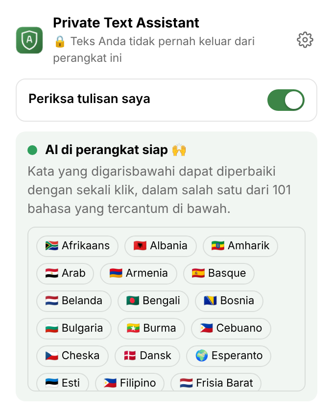 Menu ekstensi: tombol untuk pemeriksaan, “AI di perangkat siap”, dan daftar bahasa.