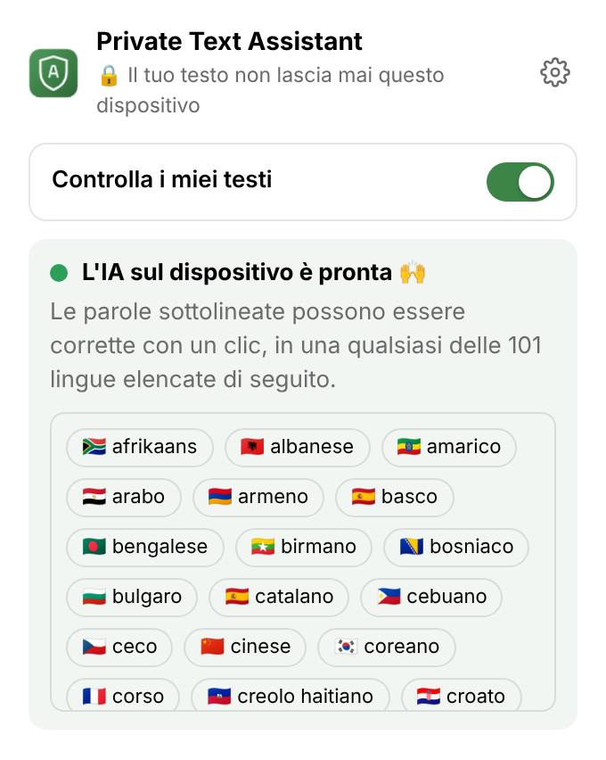 Il menu dell’estensione: un interruttore per attivare il controllo, «L’IA sul dispositivo è pronta» e l’elenco delle lingue.