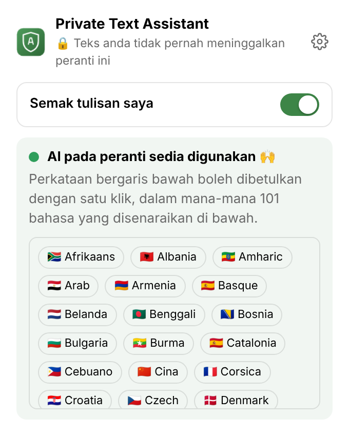 Menu sambungan: suis untuk semakan, “AI pada peranti sedia digunakan”, dan senarai bahasa.