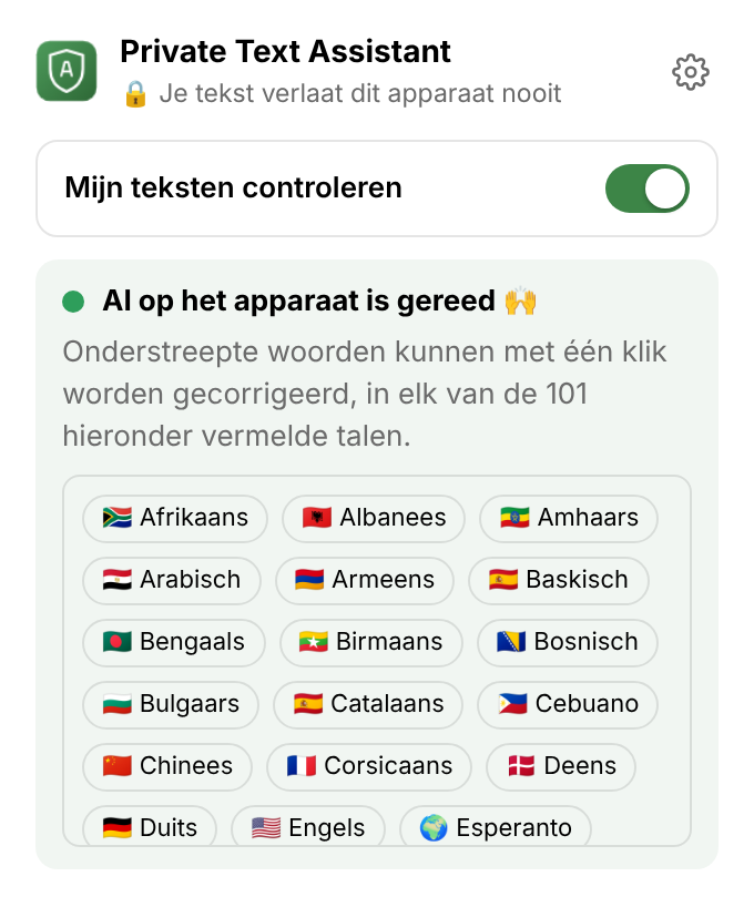 Het menu van de extensie: een schakelaar voor de controle, ‘AI op het apparaat is gereed’ en de lijst met talen.