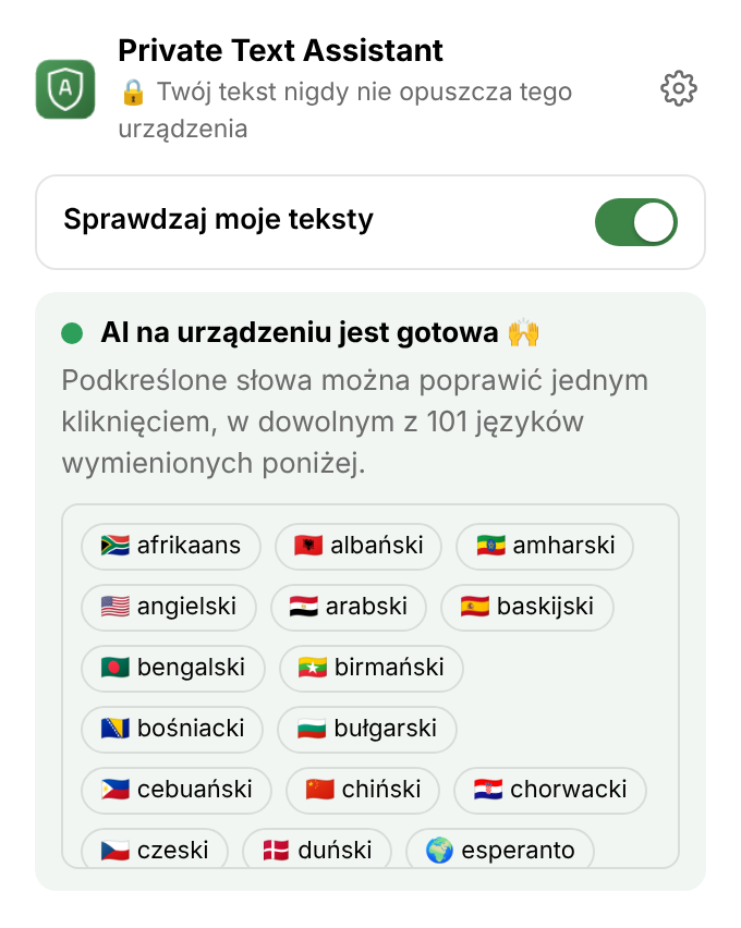 Menu rozszerzenia: przełącznik sprawdzania, „AI na urządzeniu jest gotowa” i lista języków.
