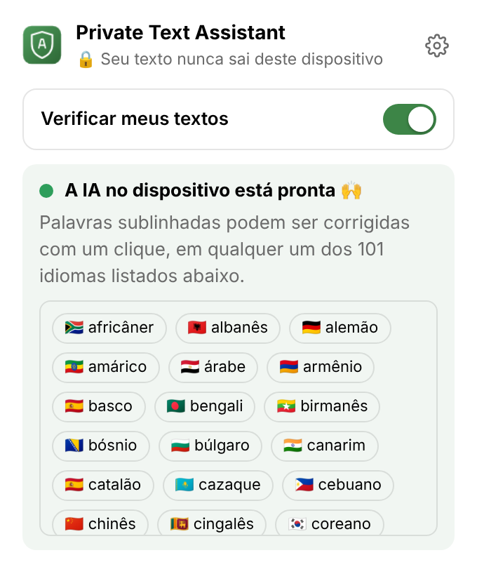 O menu da extensão: um botão para ativar ou desativar a revisão, “A IA no dispositivo está pronta” e a lista de idiomas.