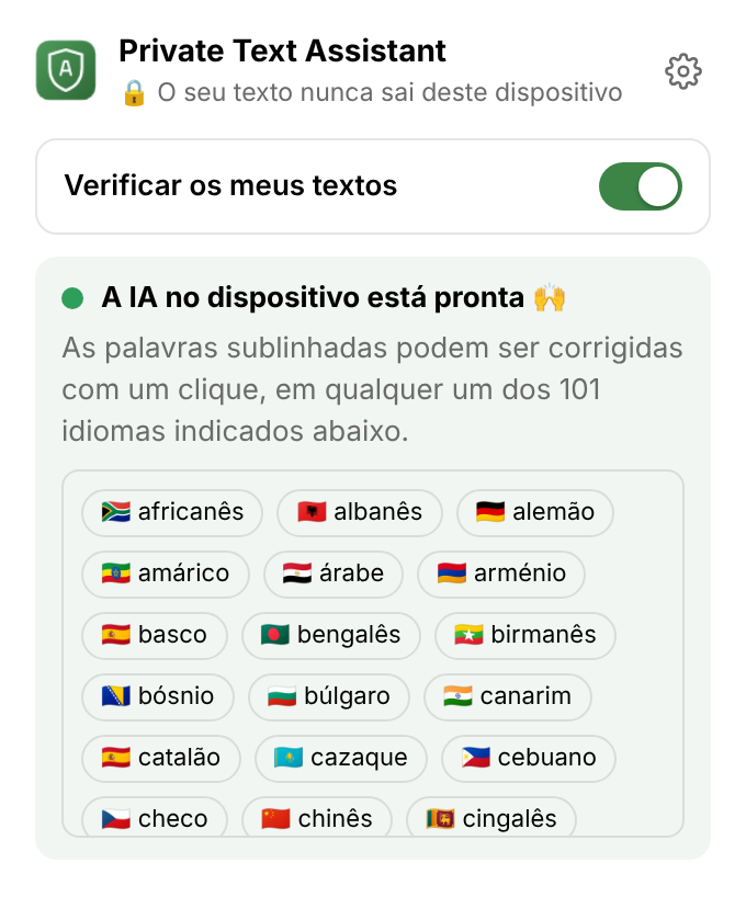 O menu da extensão: um interruptor para ativar ou desativar a revisão, «A IA no dispositivo está pronta» e a lista de idiomas.