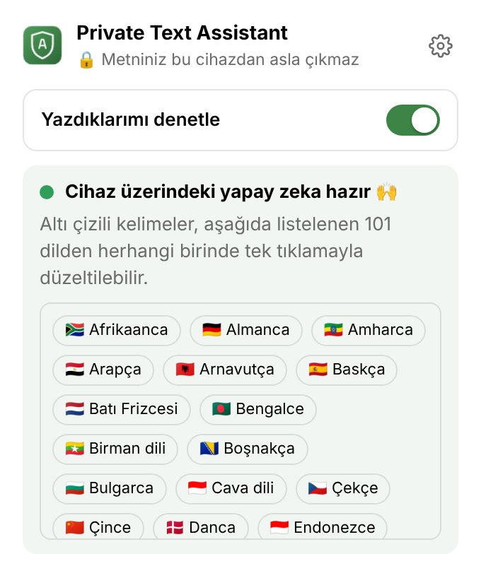 Uzantının menüsü: denetimi açıp kapatan bir anahtar, “Cihaz üzerindeki yapay zeka hazır” ve diller listesi.