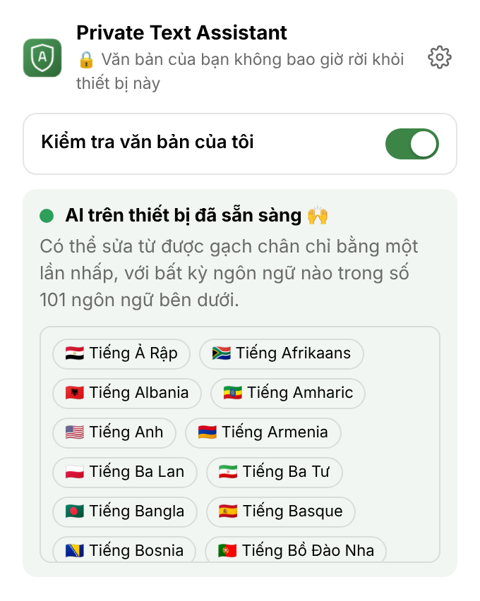 Menu của tiện ích: công tắc bật/tắt kiểm tra, “AI trên thiết bị đã sẵn sàng” và danh sách ngôn ngữ.